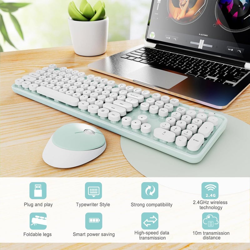 SkyGive Wireless Keyboard and Mouse Combo, Ergonomic Full Size Typewriter Retro Round Keycaps Keyboard, Compatible with Windows, PC, Perfer for Home and Office Keyboards（Green） - Image 3